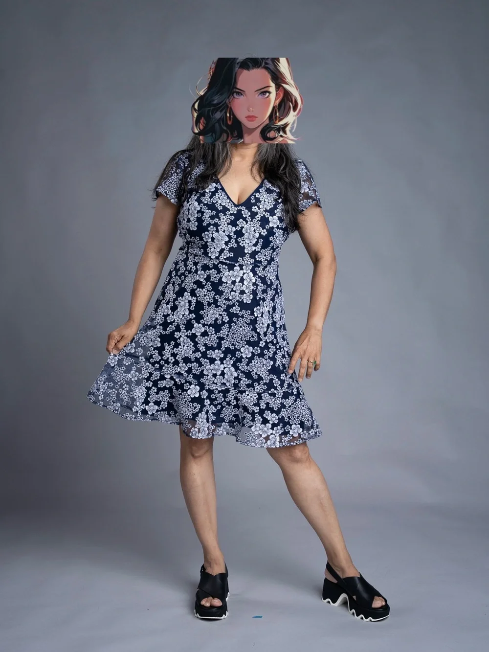 Michael Kors Navy Floral Fit-and-Flare V-Neck Dress